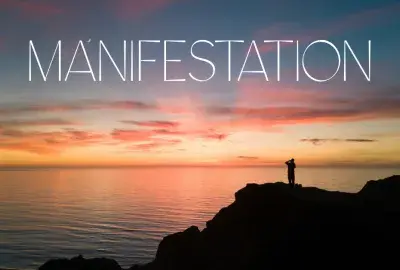person looking at sunset horizon with text "manifestation"