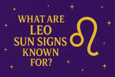 Leo Sun Sign graphic with golden Leo symbol and text on violet background with stars