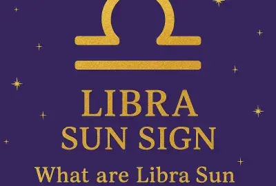 Libra Sun Sign graphic with golden Libra symbol and text on violet background with stars