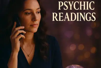 Woman on the phone with glowing crystal ball on table and text reading ‘Love and Relationship Psychic Readings’ in a mystical violet and gold background