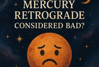 Planet Mercury with a sad face under a starry sky, symbolizing the challenges and chaos of Mercury Retrograde.