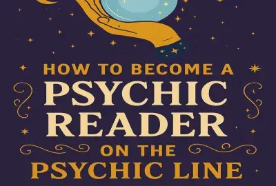 Violet and gold graphic with crystal ball and stars promoting The Psychic Line psychic reader FAQ
