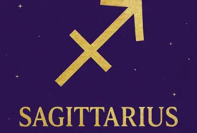 Sagittarius Sun Sign graphic with golden Sagittarius arrow symbol and text on violet background with stars
