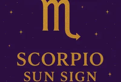 Scorpio Sun Sign graphic with golden Scorpio symbol and text on violet background with stars