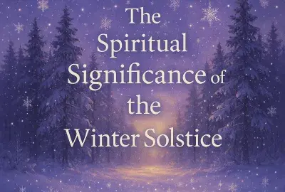 Mystical winter solstice sunrise with sparkling snowflakes and glowing text reading ‘The Spiritual Significance of the Winter Solstice’