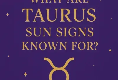 Taurus Sun Sign graphic with golden Taurus symbol and text on violet background with stars