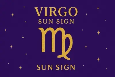 Virgo Sun Sign graphic with golden Virgo symbol and text on violet starry background