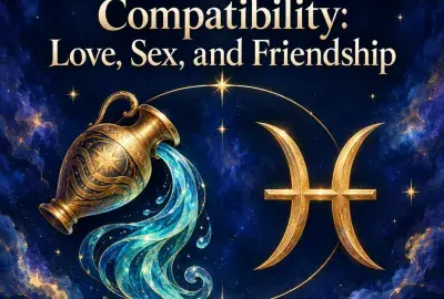 Gold urn pouring water beside the Pisces symbol on deep blue
