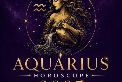 Gold Aquarius water bearer and zodiac symbol on a deep violet background with “Aquarius Horoscope 2027: Your Complete Year Ahead.”