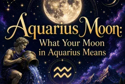 Celestial Aquarius Moon graphic with a glowing full moon, Aquarius symbol, water bearer, stars, mountains, and reflective lake.