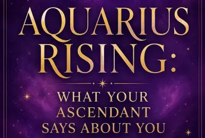 Purple celestial graphic with gold stars, an Aquarius symbol, and the title Aquarius Rising: What Your Ascendant Says About You.