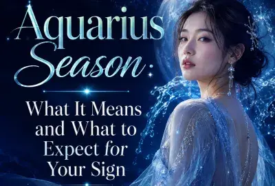 Aquarius Season astrology graphic featuring a woman, celestial water imagery, a glowing moon, and the title What It Means and What to Expect for Your Sign.