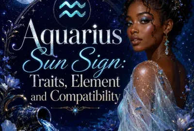 Aquarius Sun Sign astrology graphic featuring a woman, Aquarius symbol, flowing water, celestial stars, moon, and flowers with the title Traits, Element and Compatibility.