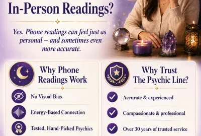 Woman receiving a phone psychic reading with candles, crystals, and mystical purple and gold accents.