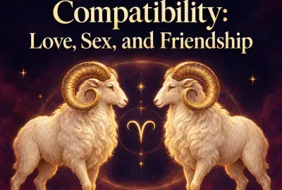 Two golden rams facing each other over the Aries symbol