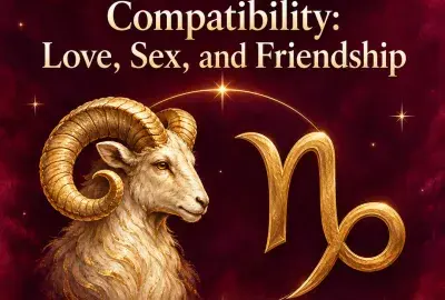 Golden ram beside the Capricorn symbol on crimson