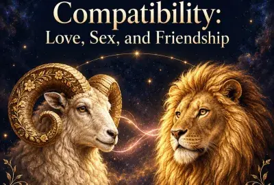 Golden ram and lion facing each other under a starry sky