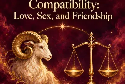 Golden ram beside golden scales on crimson