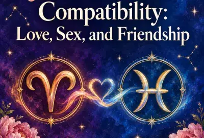 Aries and Pisces symbols joined by a glowing heart