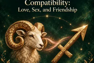 Golden ram beside a gold Sagittarius arrow on a green starry sky