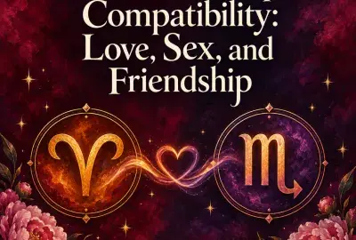 Aries and Scorpio symbols joined by a glowing heart with peonies