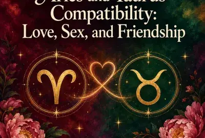 Gold Aries and Taurus symbols joined by a glowing heart with peonies