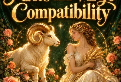 Golden ram beside a maiden holding wheat