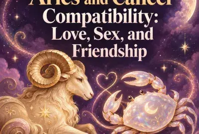 Whimsical celestial ram and crab representing Aries and Cancer compatibility.