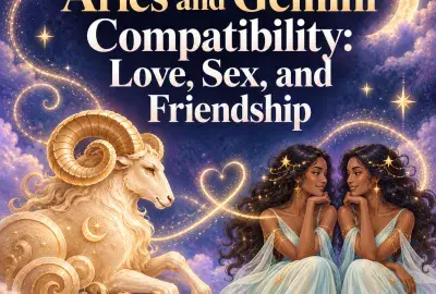 Whimsical ram and celestial twins representing Aries and Gemini compatibility.