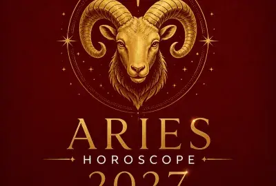 Gold Aries ram and zodiac symbol on a deep red background with “Aries Horoscope 2027: Your Complete Year Ahead.”