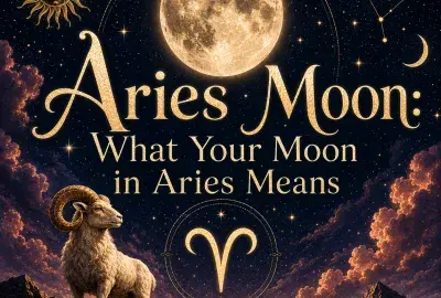 Celestial Aries Moon graphic with a glowing full moon, Aries symbol, golden ram, stars, and mountain landscape.