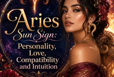 Aries Sun Sign astrology graphic featuring a woman, glowing Aries symbol, ram, celestial stars, and rich red flowers with the title Personality, Love, Compatibility and Intuition.