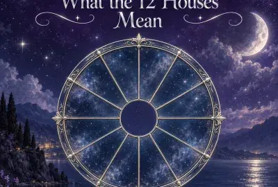 A silver twelve-section astrology wheel beneath a violet starry sky.