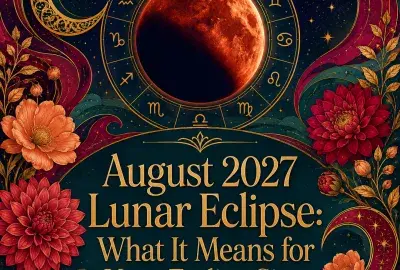 Crimson lunar eclipse surrounded by a golden zodiac wheel, dahlias, stars, and colorful celestial swirls.