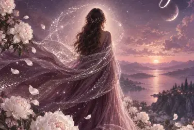 Woman silhouette wrapped in a soft plum and silver glow