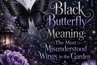 Black butterfly meaning illustration showing a black butterfly as a spiritual symbol of transformation, mystery, protection, change, and inner strength.