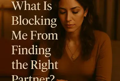 Warm, intimate image of a thoughtful woman with text reading ‘What Is Blocking Me From Finding the Right Partner?’ on a soft, golden background