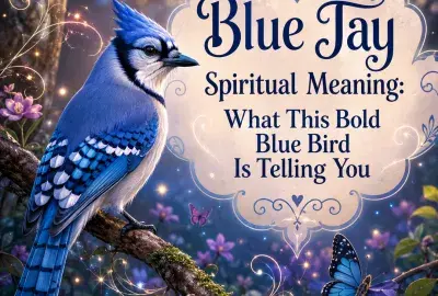 Blue Jay spiritual meaning illustration showing a blue jay as a symbol of confidence, communication, courage, and spiritual guidance.