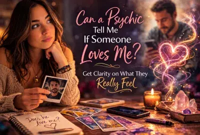 Woman receiving a psychic love reading with crystal ball and tarot cards asking if someone loves her