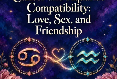 Cancer and Aquarius symbols joined by a glowing heart