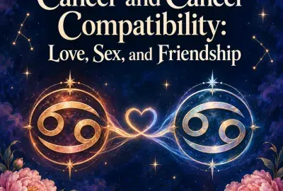 Two Cancer symbols joined by a glowing heart under a crescent moon