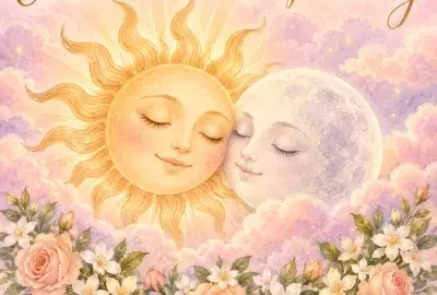 Pastel sun and moon side by side in a pink sky