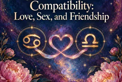 Cancer and Libra symbols joined by a glowing heart with peonies