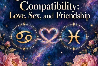Cancer and Pisces symbols joined by a glowing heart with peonies
