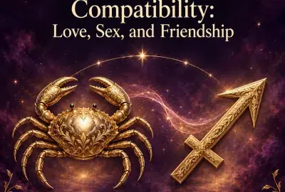 Gold crab and Sagittarius arrow linked by light on a purple sky