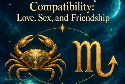 Golden crab beside the Scorpio symbol over moonlit water
