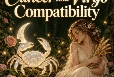 Pearl crab under a crescent moon beside a maiden with wheat