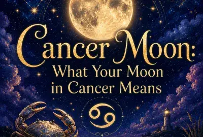Celestial Cancer Moon graphic with a glowing full moon, Cancer symbol, golden crab, stars, and moonlit ocean.
