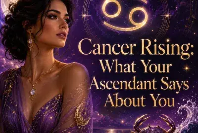 Celestial Cancer Rising image with a woman, glowing Cancer symbol, moonlit ocean, and crab against a purple cosmic sky.
