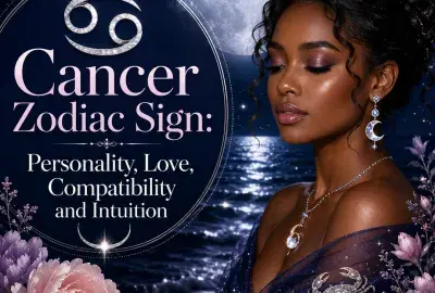 Cancer Zodiac Sign astrology graphic featuring a woman, Cancer symbol, glowing full moon, moonlit water, and flowers with the title Personality, Love, Compatibility and Intuition.